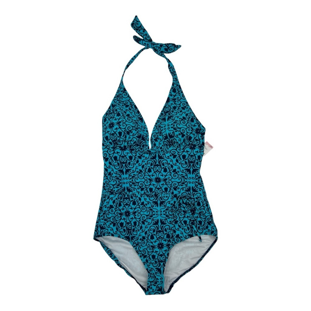 NWT Tropical Escape Women's Teal Blue Floral Paisley 1-Piece Halter Swim Suit 12